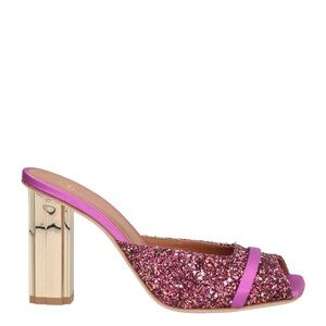 Malone Souliers magenta glitter peep-toe mules with gold mirror heel